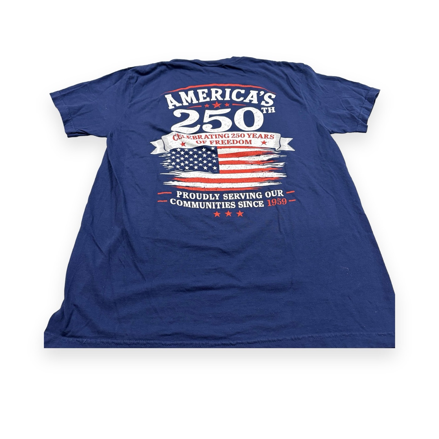 The same navy tee, full back America's 250th flag print