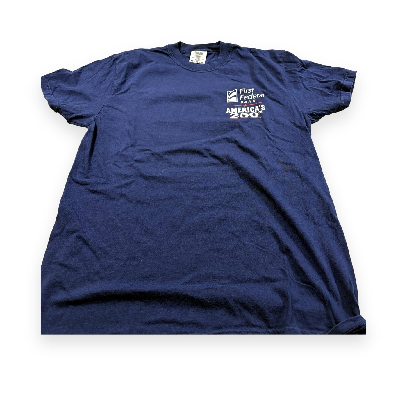 Navy tee with a small left chest First Federal Bank America's 250th print