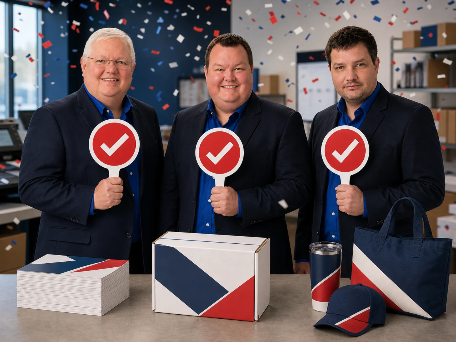 The Davis family holding oversized checkmarks after completing printing, shipping, and promotional work.
