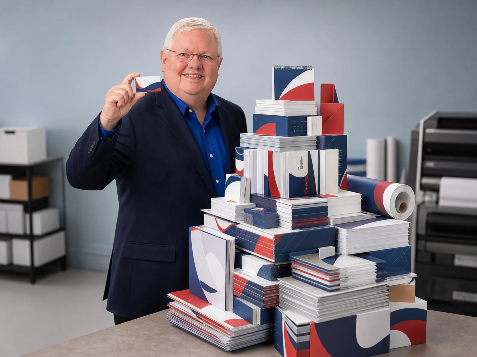 Jerry Davis presenting a business card beside a comically large stack of printed materials.