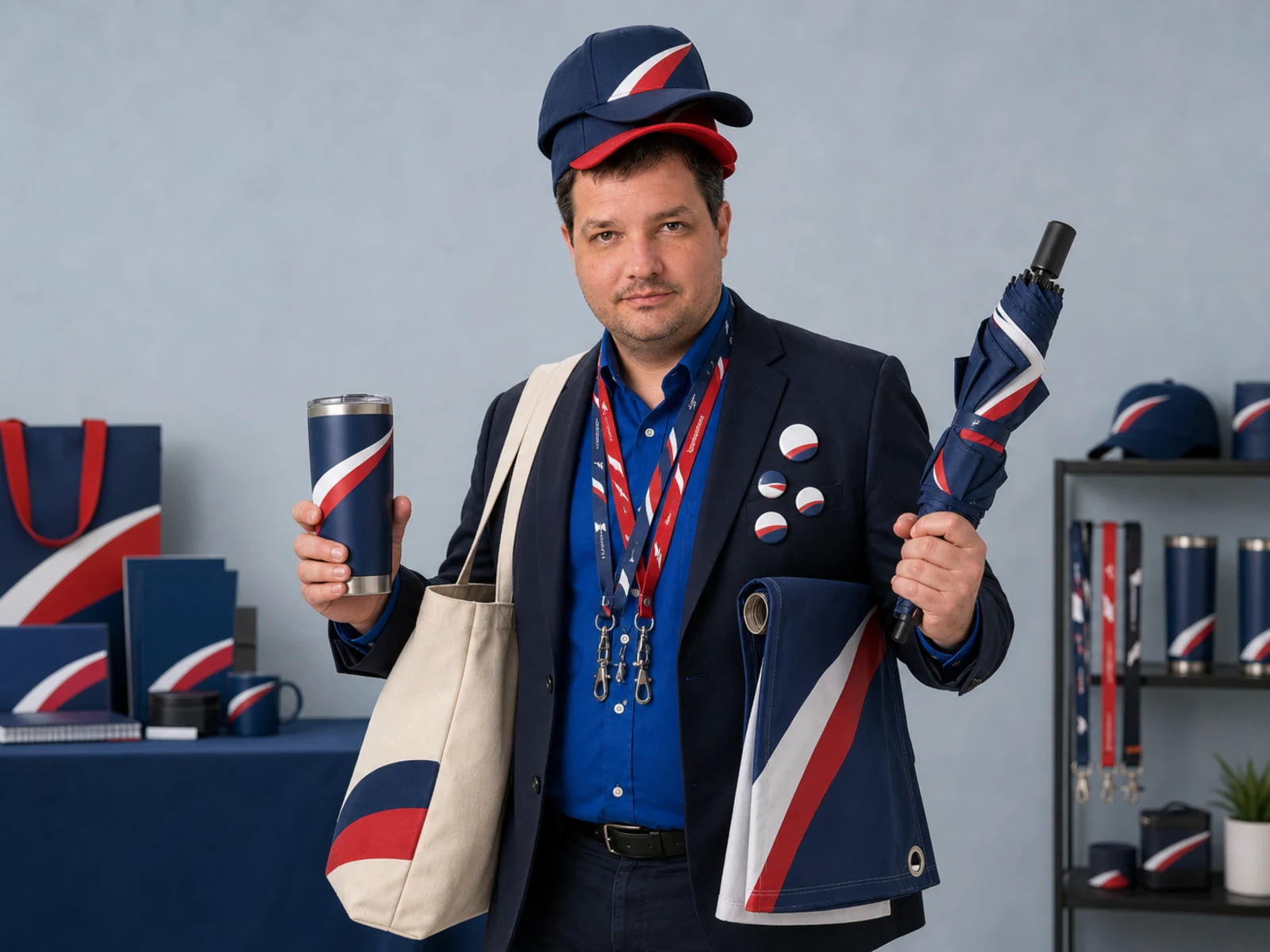 Kasey Davis wearing and holding an intentionally excessive collection of promotional products.