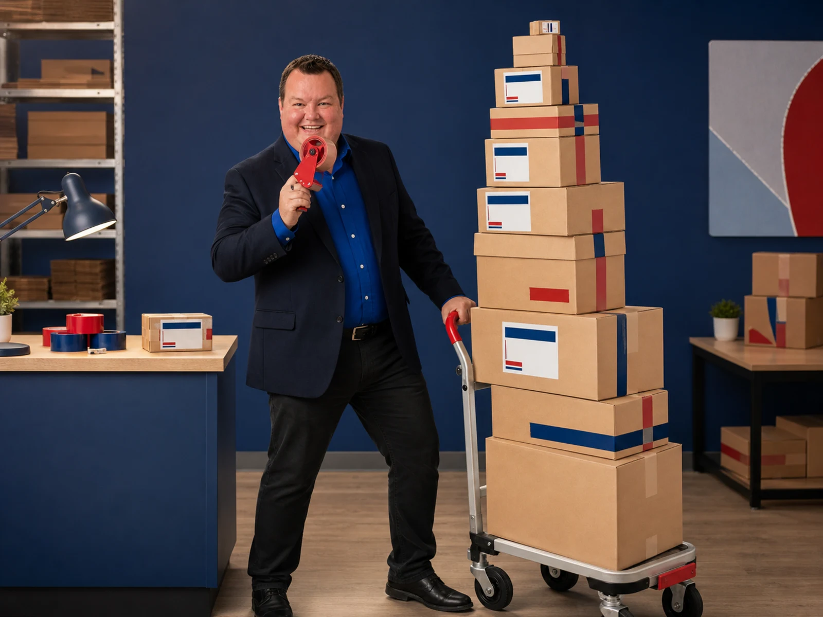 Adam Davis using a tape dispenser like a microphone beside a towering stack of shipping boxes.