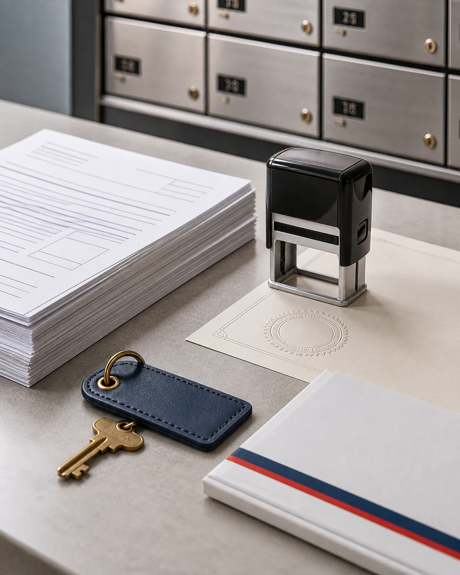 Private mailbox key, printed documents, notary stamp, and mailboxes