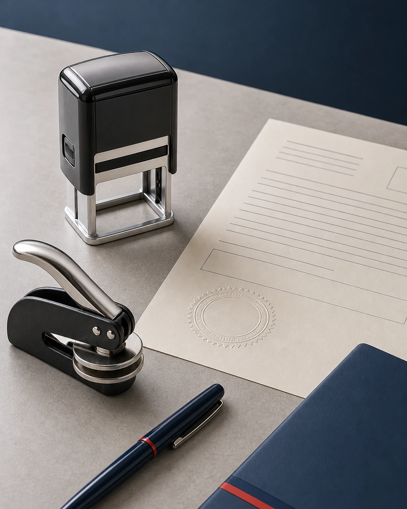 Notary stamp, embosser, and a sealed document with a pen at the Signature Postal counter