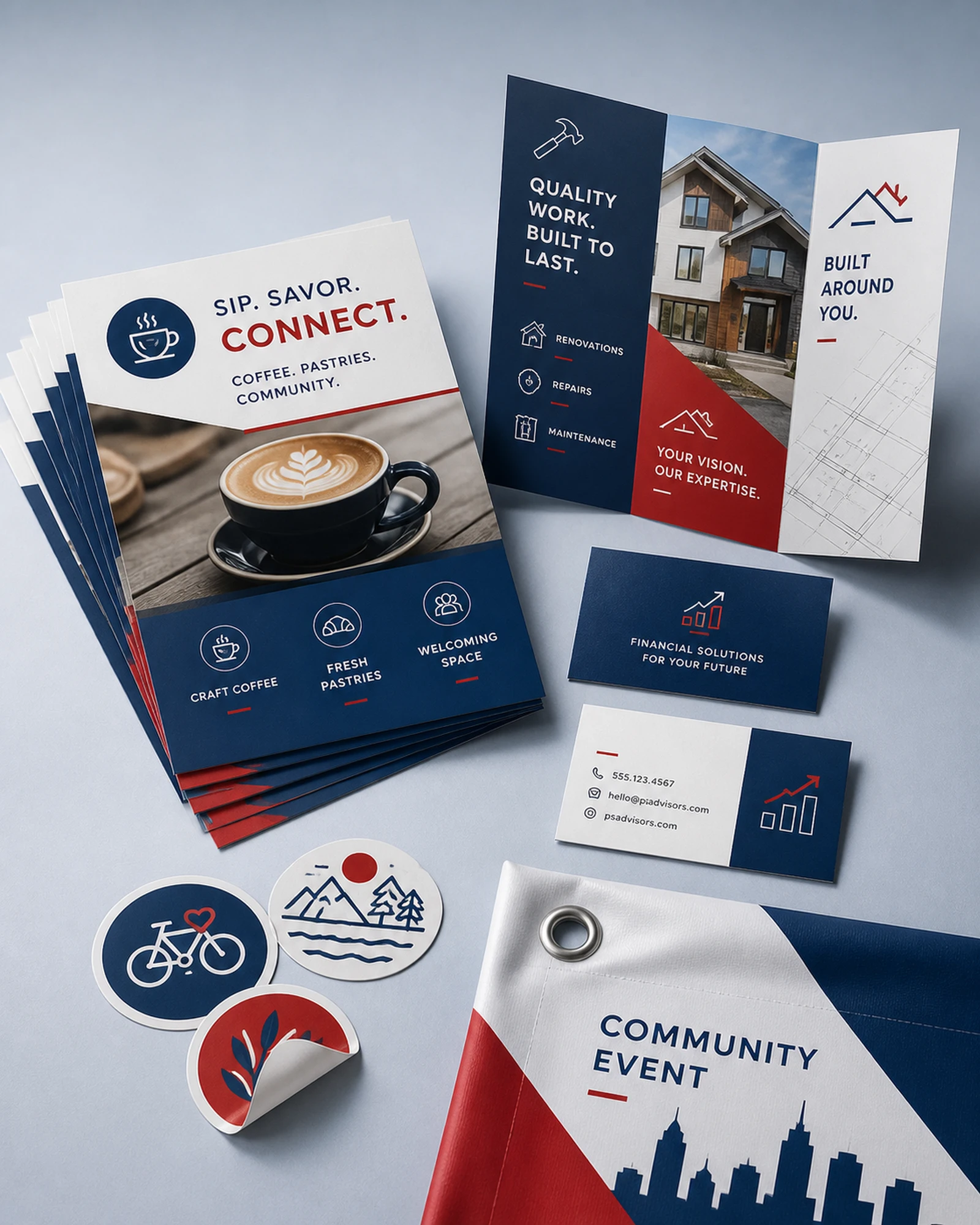 Freshly printed flyers, brochure, business cards, stickers, and banner sample