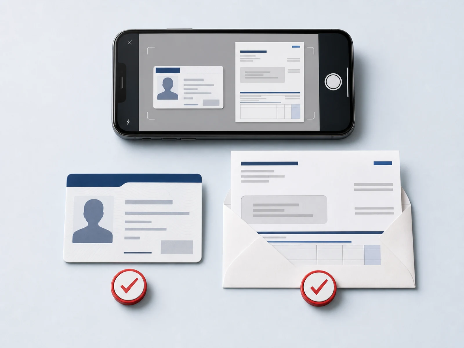 A photo ID and a proof-of-address document being photographed with a smartphone, a red check beside each