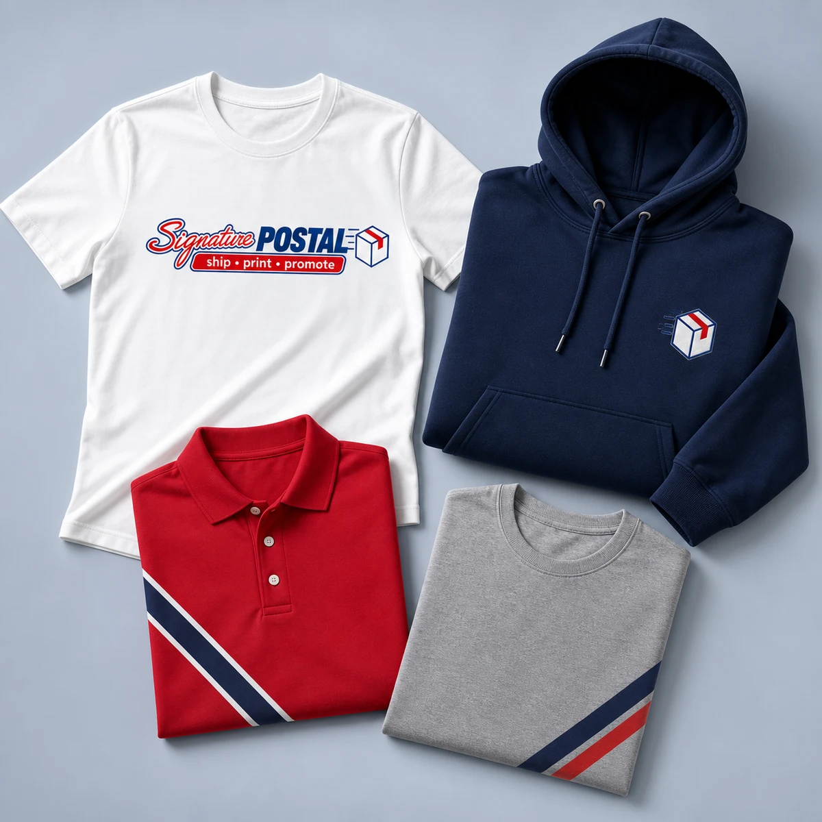 Branded tees, hoodies, and polos hanging on a rack