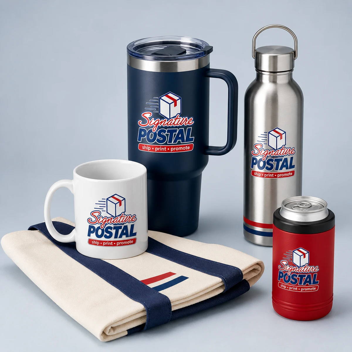 Branded tumblers, bottles, and mugs