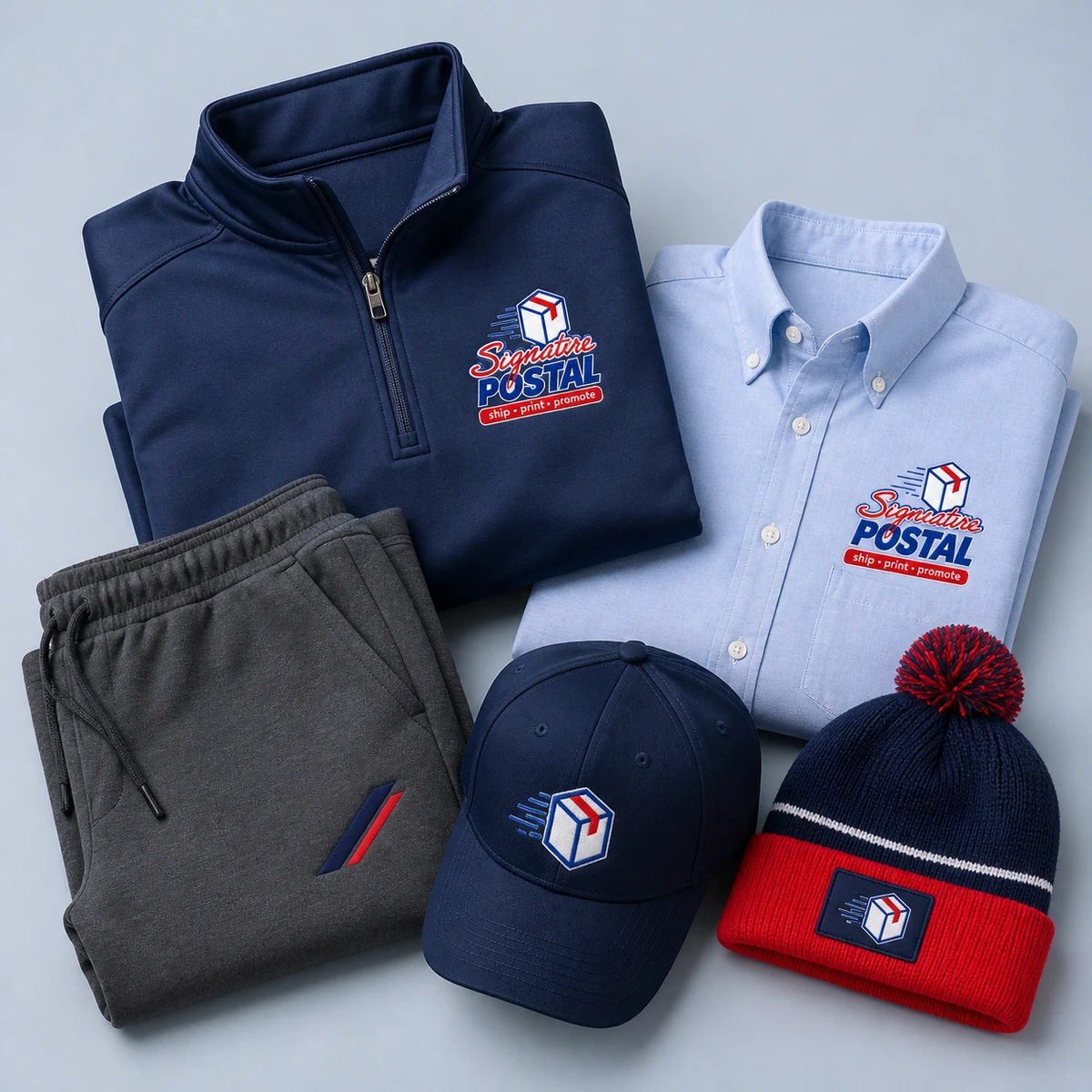 Embroidered quarter zip, oxford shirt, cap, and beanie folded together