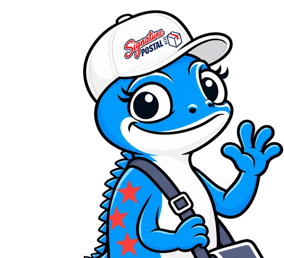 Pixel's staff photo: a blue chameleon in a white cap, waving