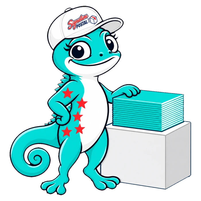 Pixel the chameleon turned teal to match a stack of teal postcards