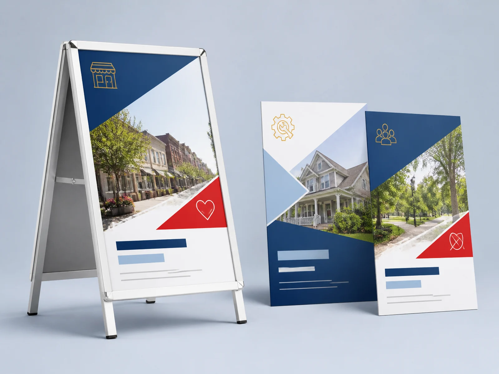 An A frame sidewalk sign with printed inserts