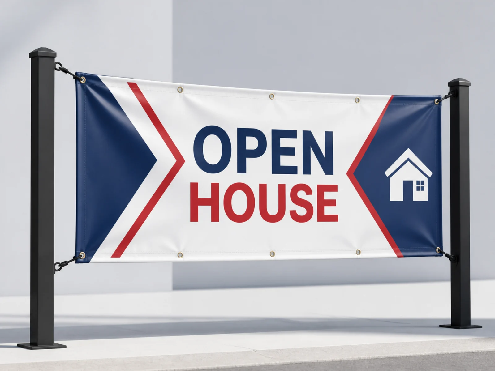 A large printed banner hung by its corner grommets against a wall