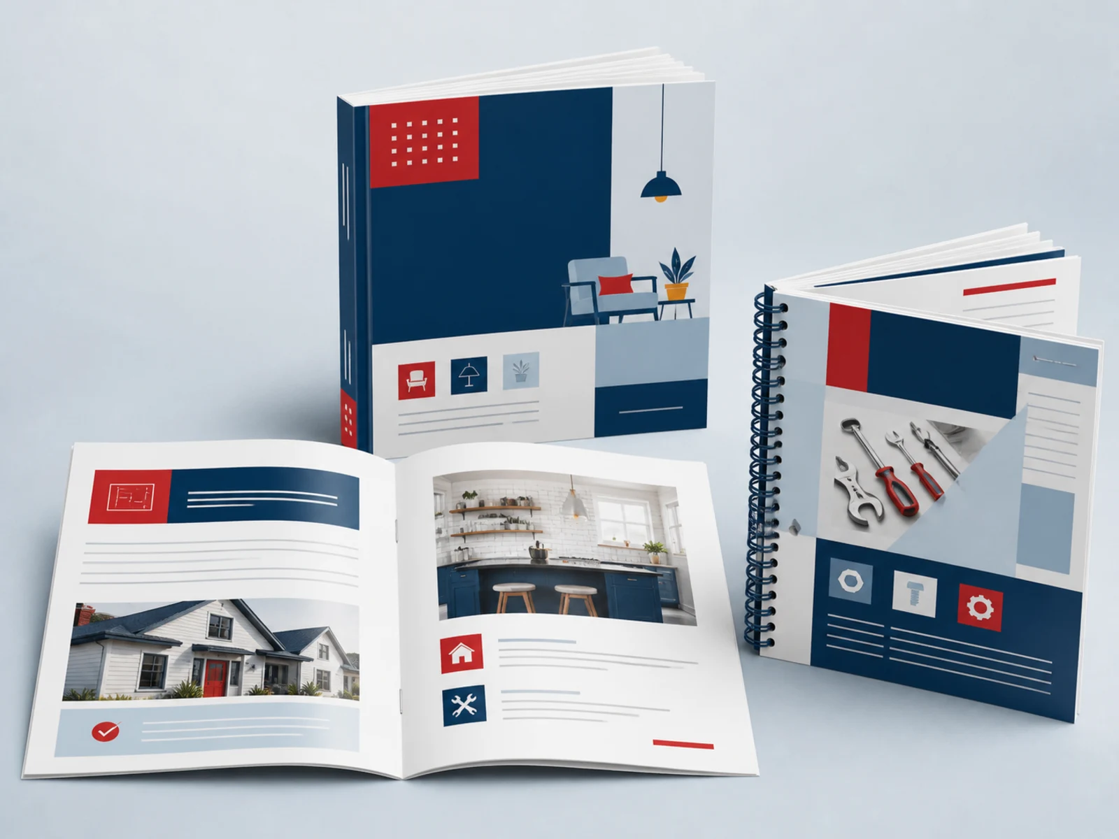 Saddle stitched, coil bound, and perfect bound booklets arranged together