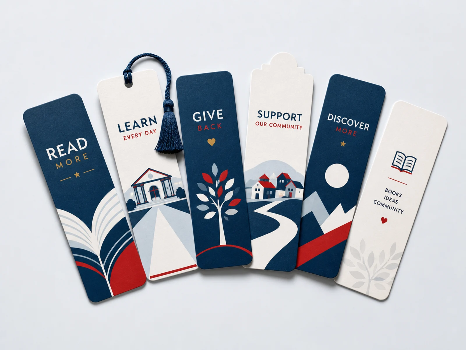 Five bookmarks fanned out, some laminated and one with a tassel