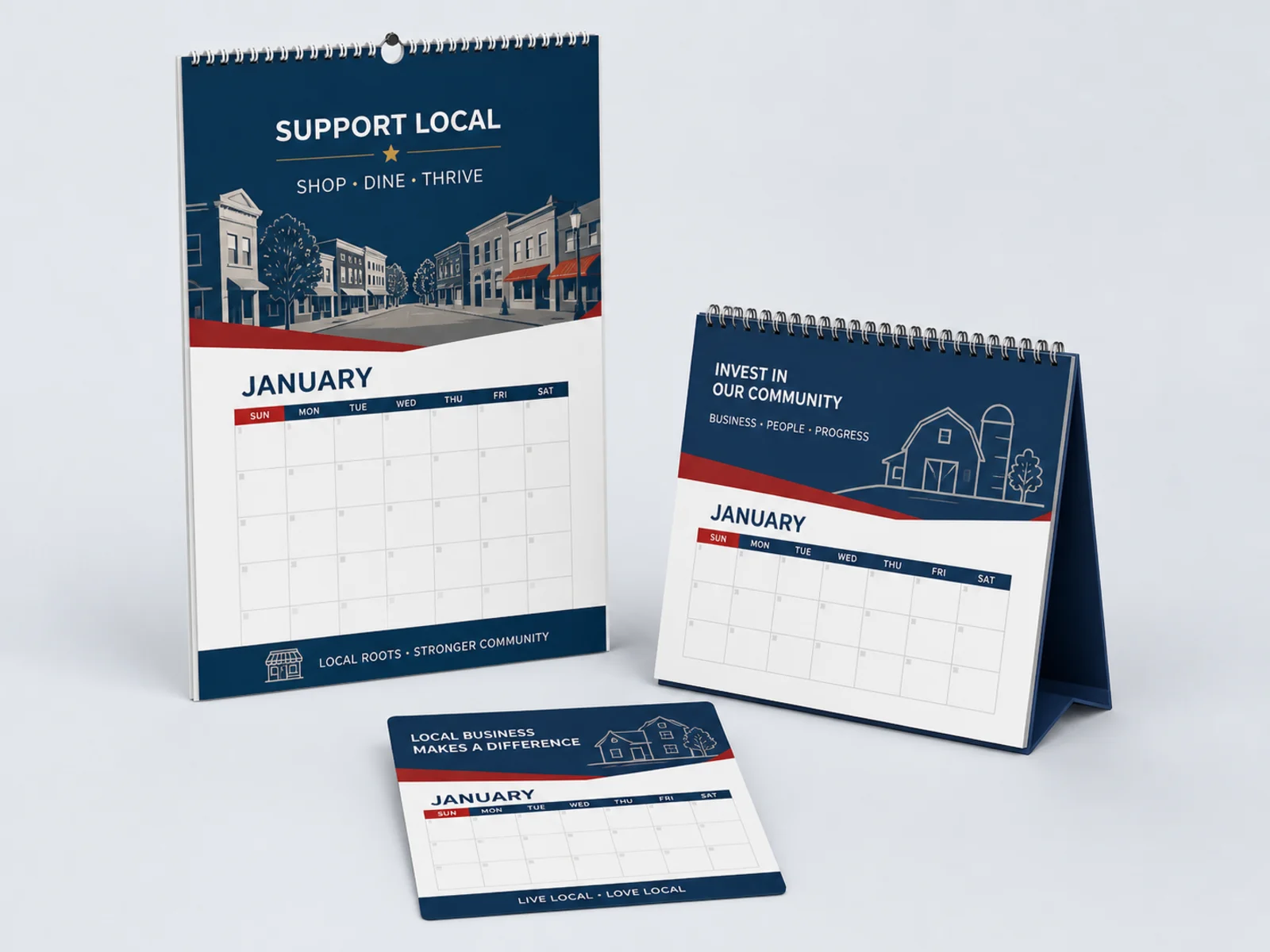 A wall calendar, a desk tent calendar, and a flat year at a glance sheet