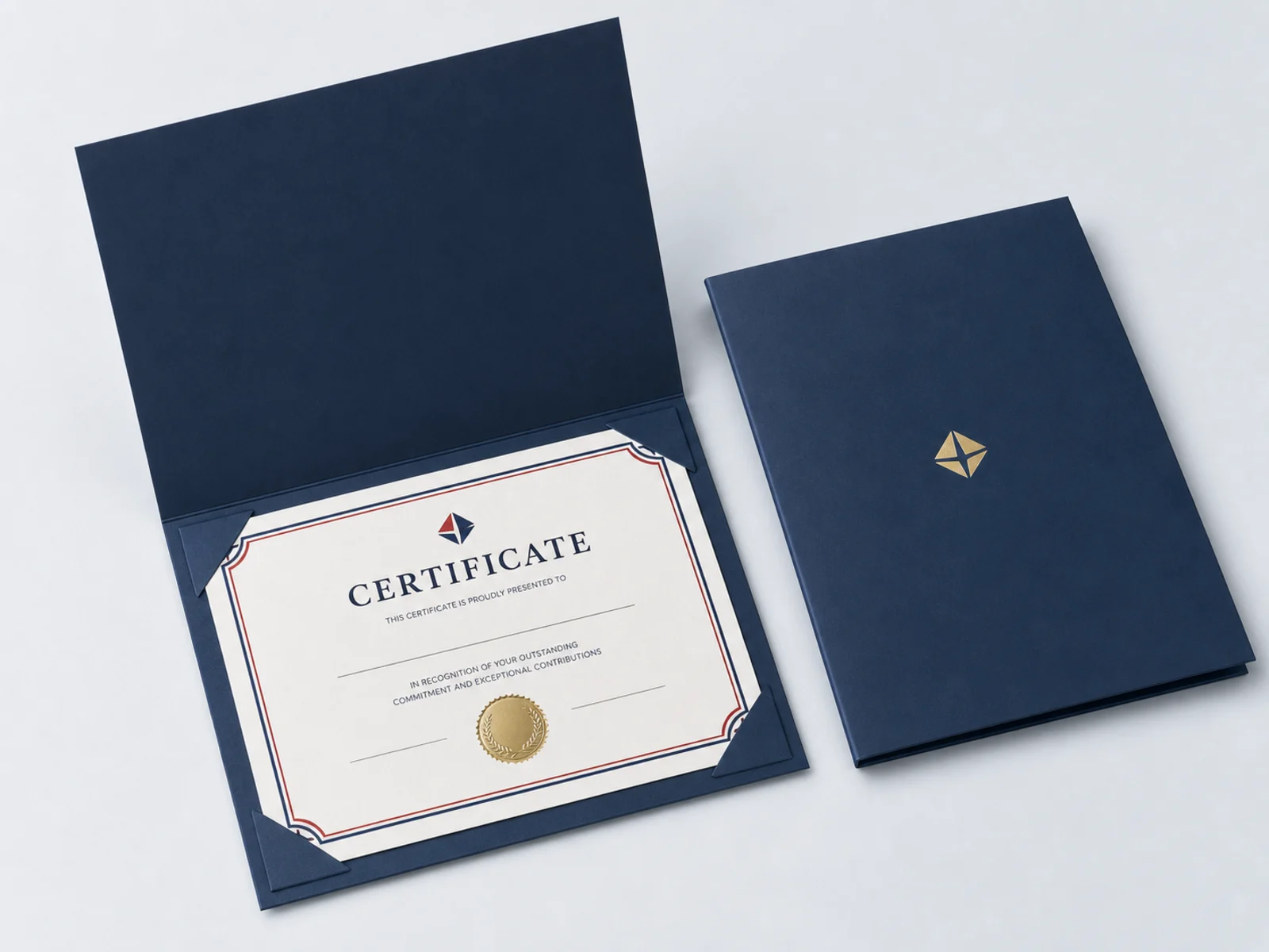A certificate seated in a presentation folder beside one in a clear sleeve