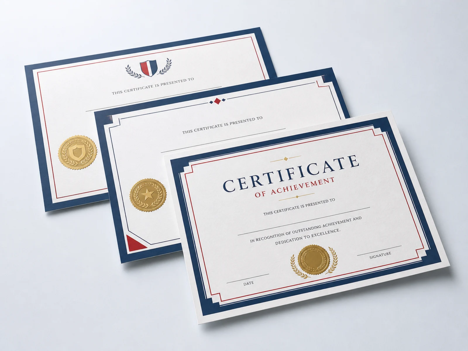 Three certificates on heavy uncoated stock, one with a gold foil seal
