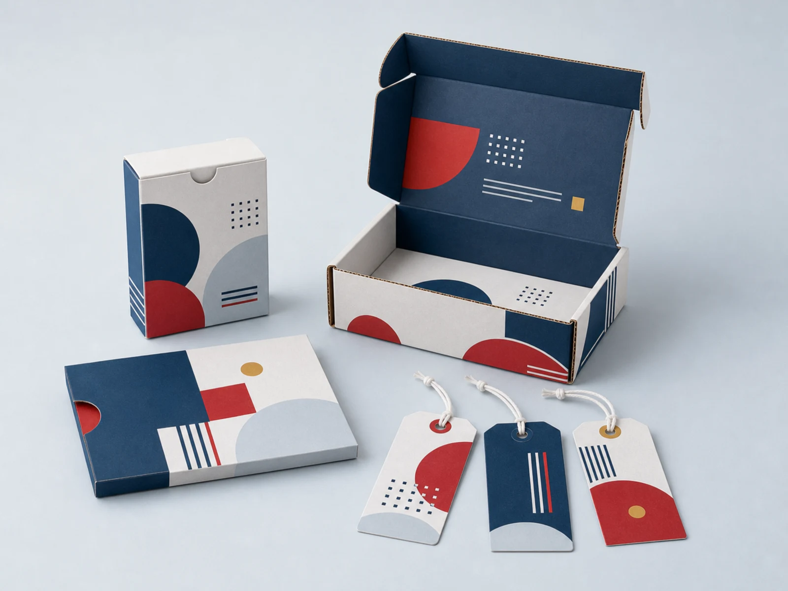 A folding carton, an open corrugated mailer, a product sleeve, and die cut hang tags on strings