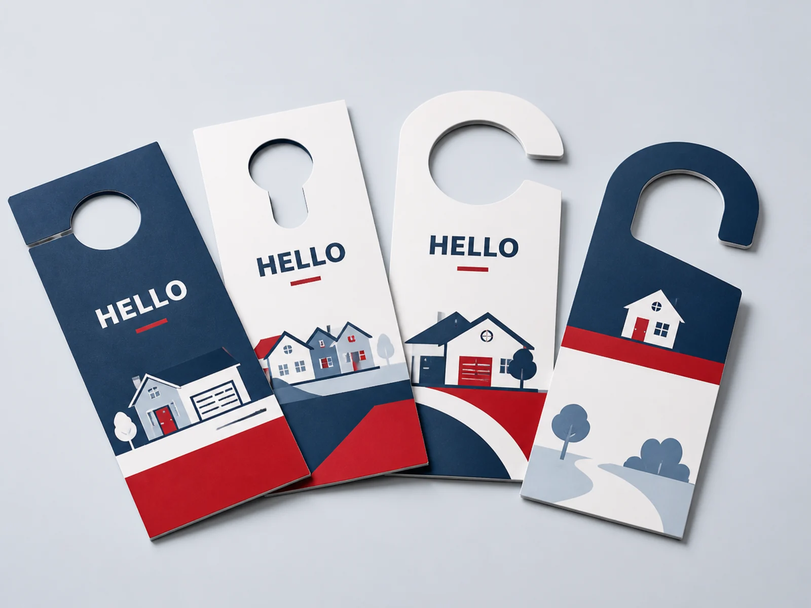 Four door hangers showing round hole, keyhole slot, slit, and arched die cuts