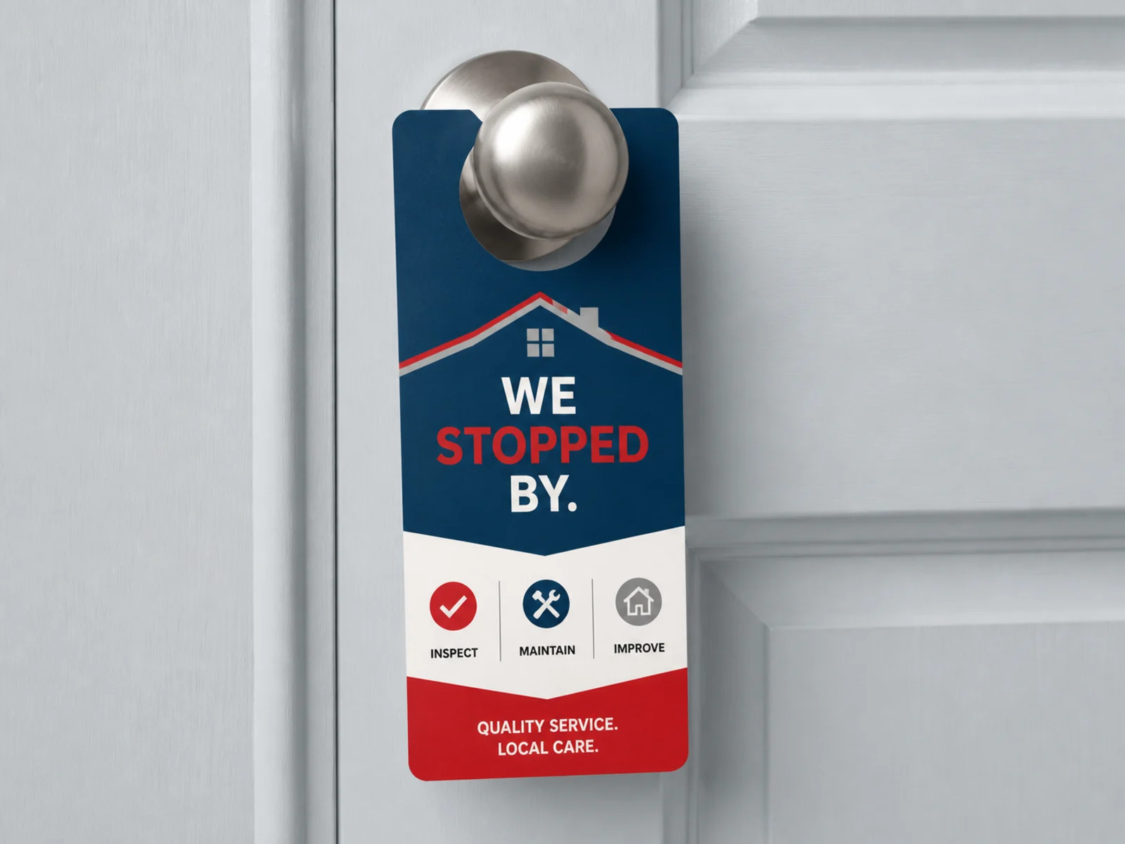 A printed door hanger on a door lever