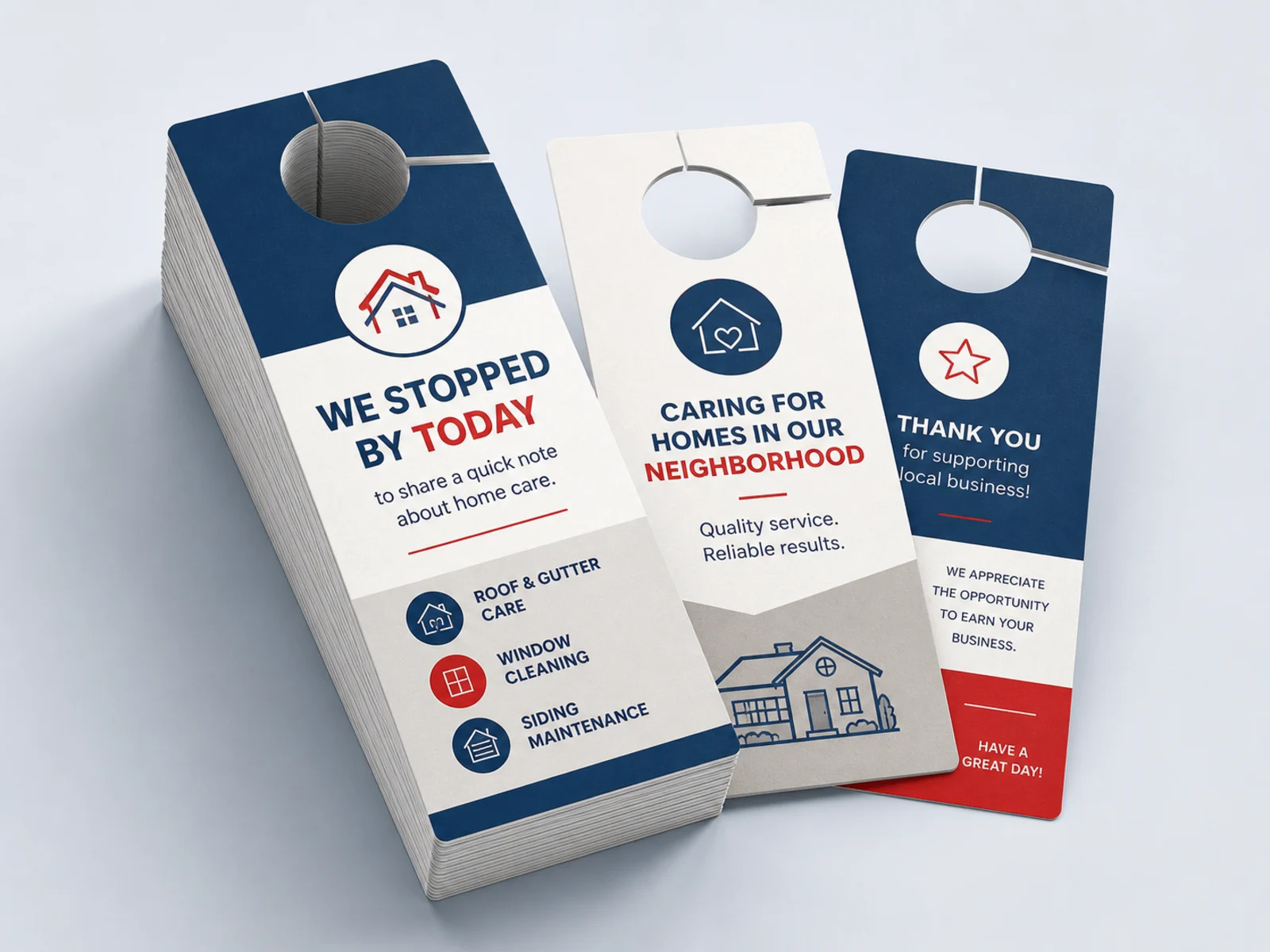 A banded stack of hundreds of door hangers with a few fanned off the top
