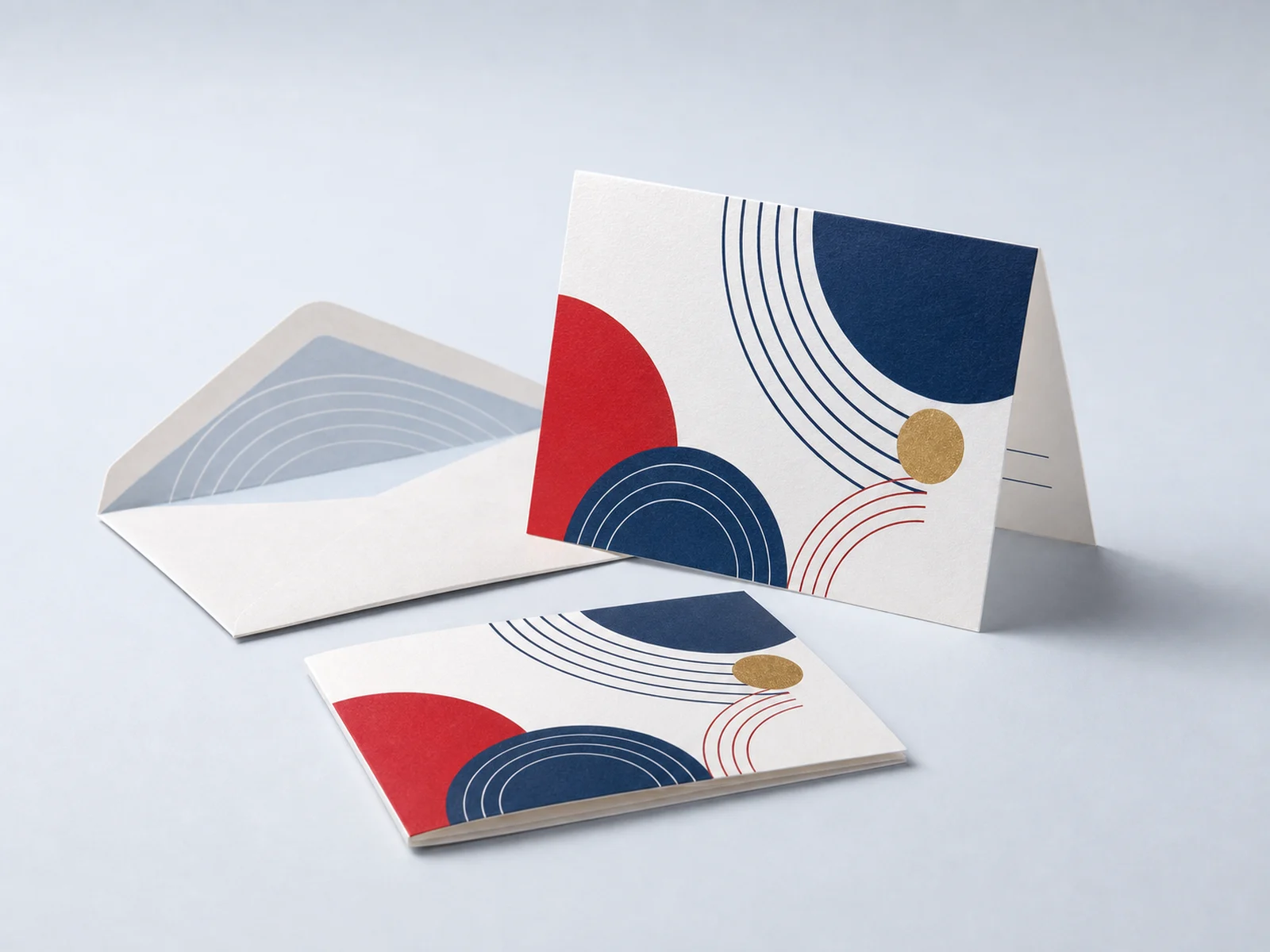 A folded greeting card standing open beside its matching envelope with a printed liner