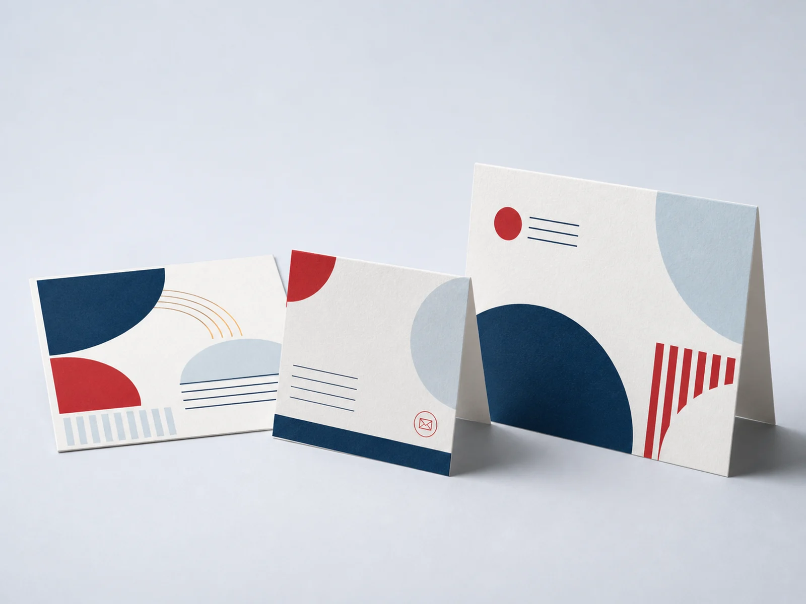 A flat card, a folded A2 note card, and a larger folded A7 card side by side