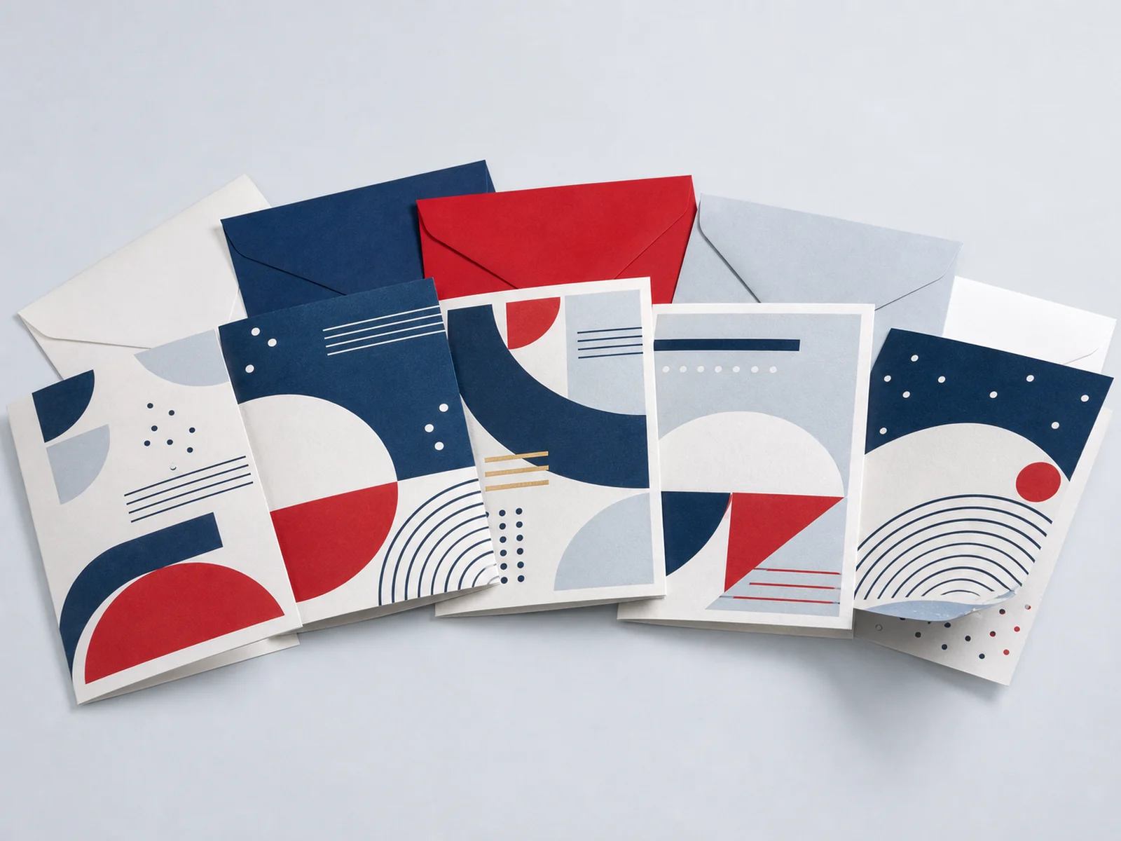 Five holiday cards arranged in an arc with envelopes behind them