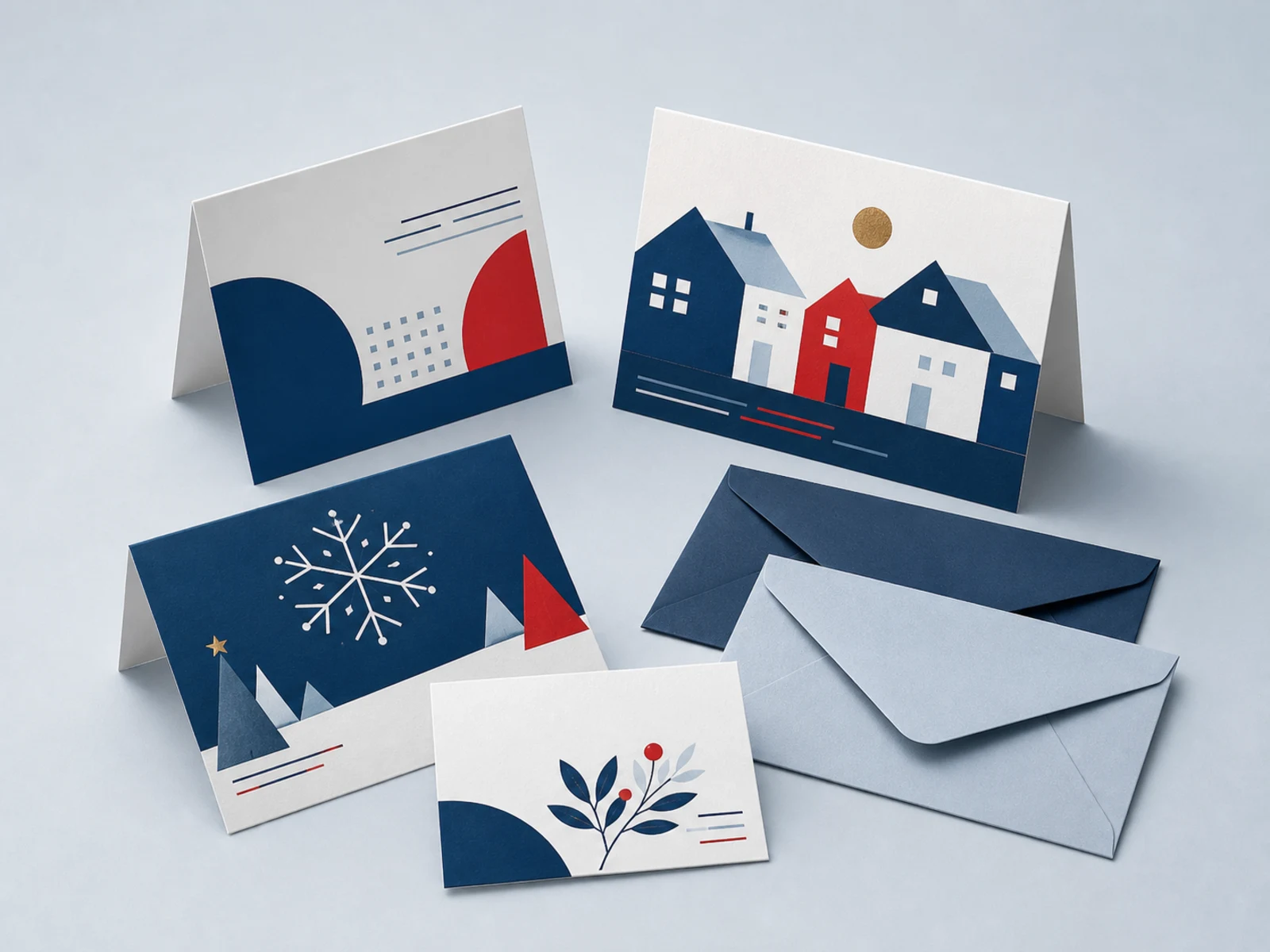 Folded greeting and holiday cards with matching envelopes