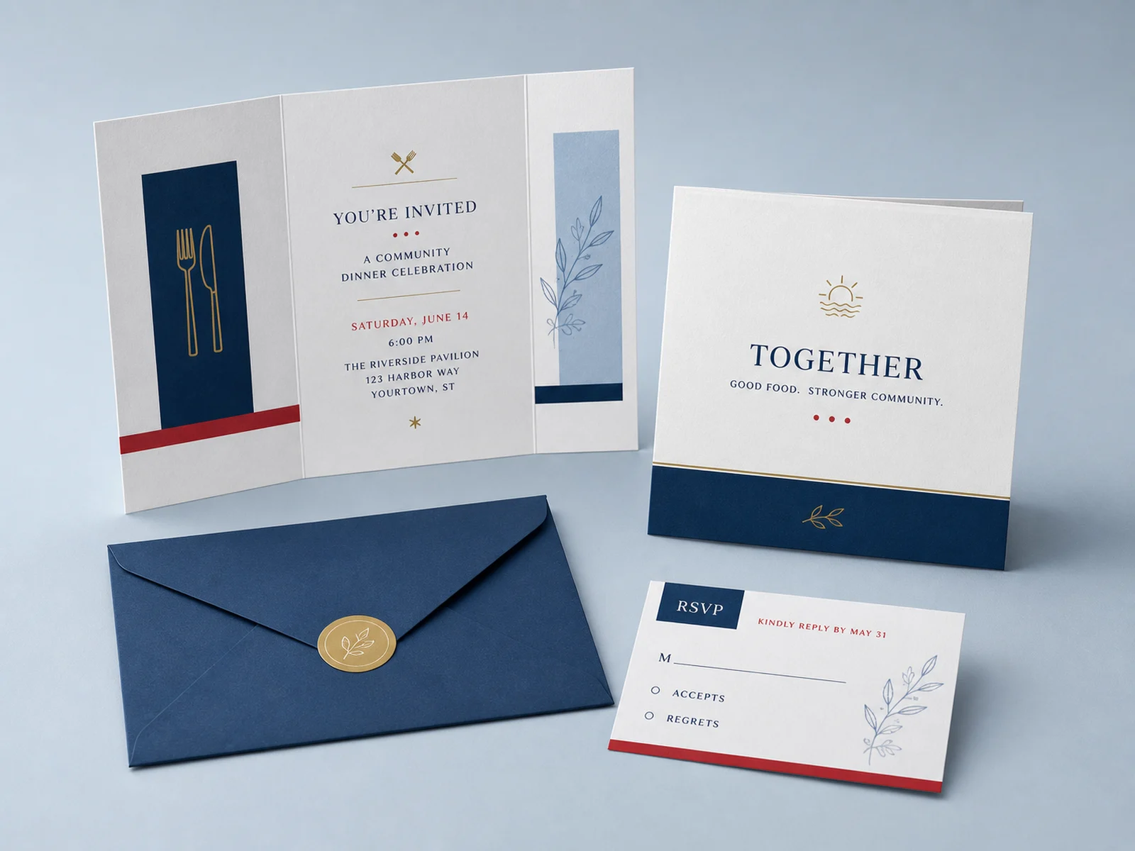 Folded invitation cards with matching envelopes, printed by Signature Postal