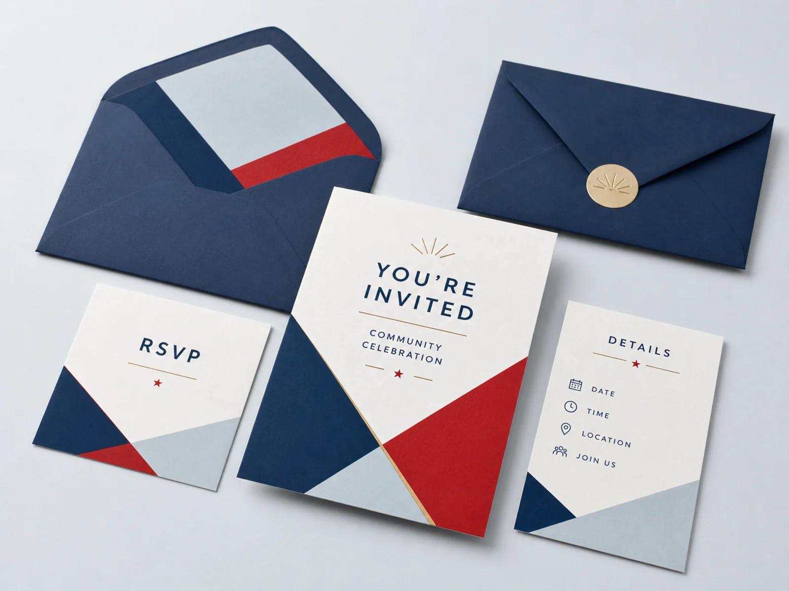 A full invitation suite with invite, RSVP card, details card, envelopes, and a belly band