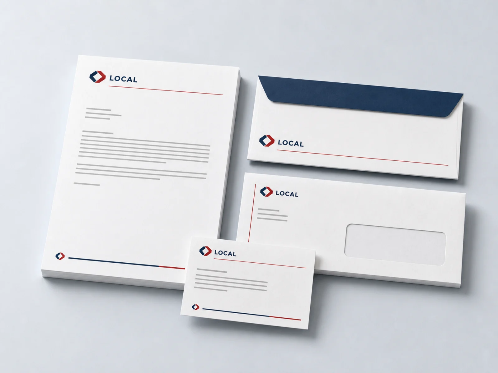 A letterhead sheet with a printed header, a number ten envelope, and a folded sheet