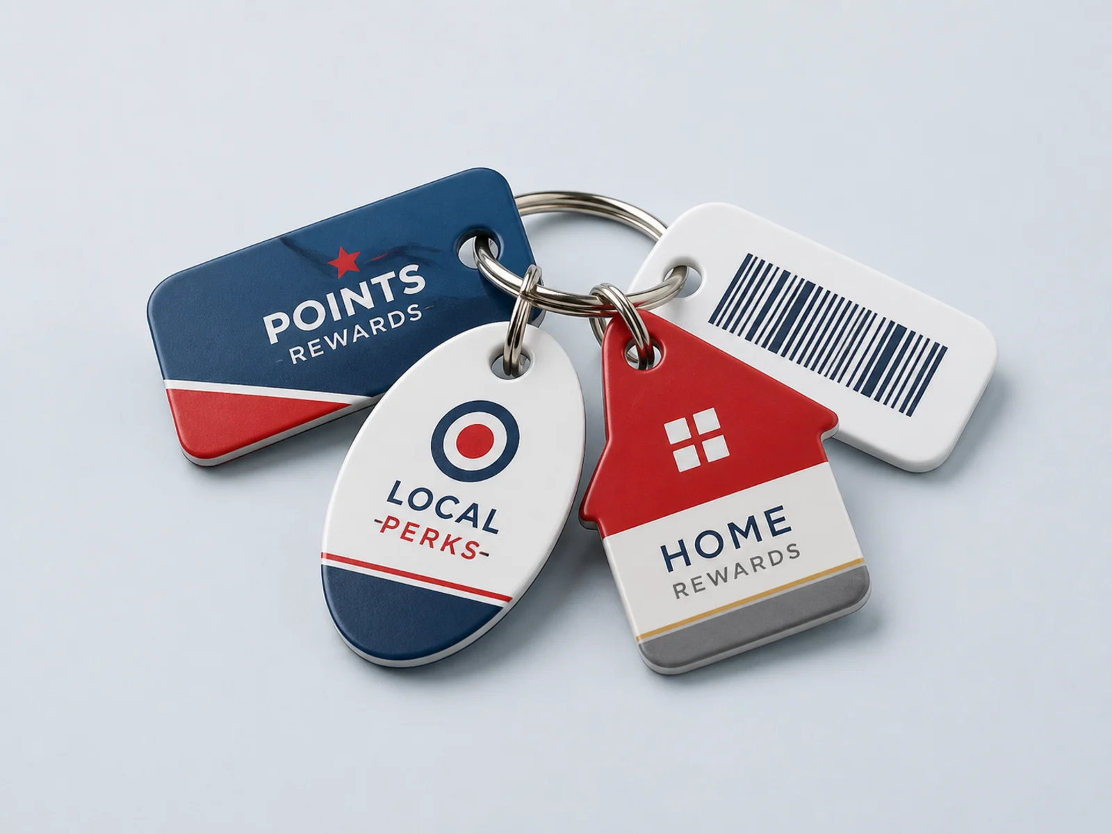 A combo card with two key tags still attached, and one snapped free on a ring