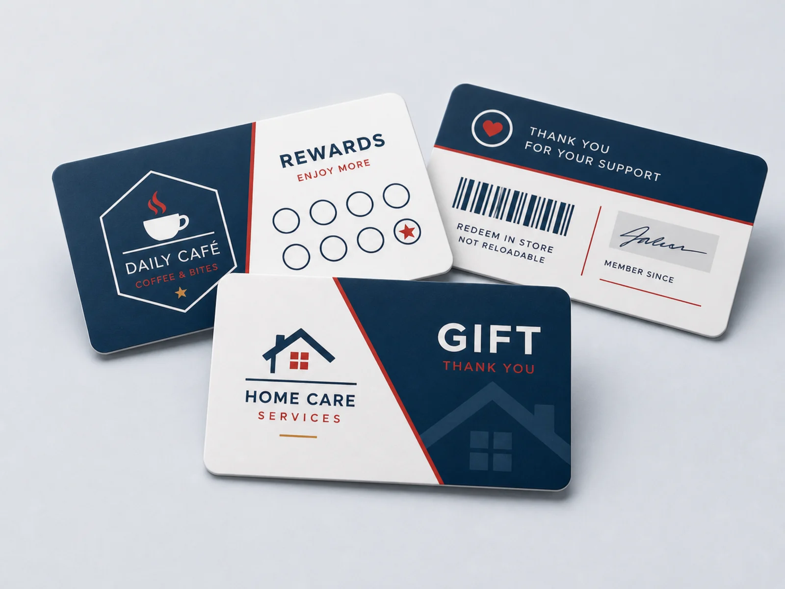 Four plastic loyalty cards fanned out, one with punched reward holes