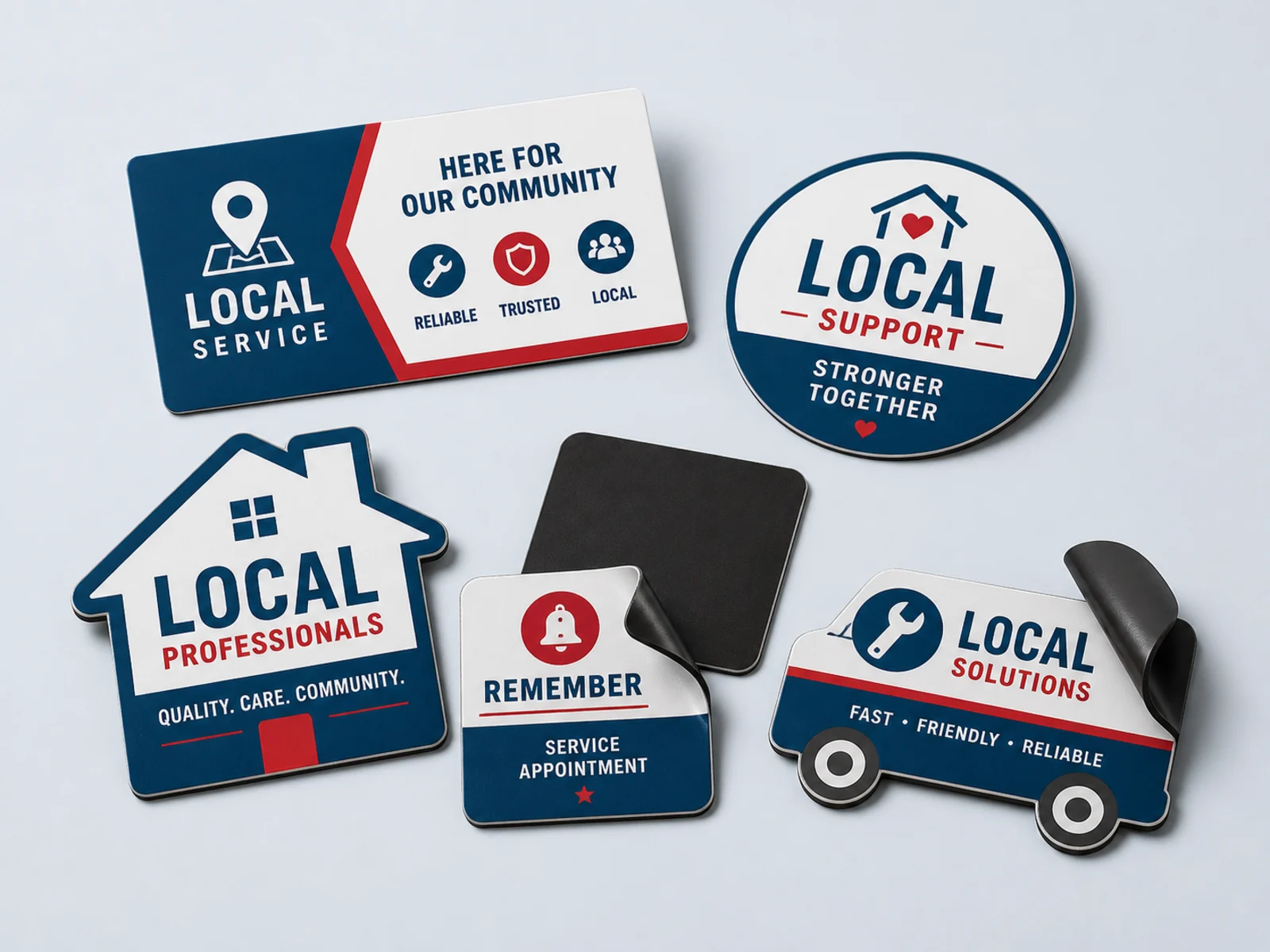 A card magnet, a round magnet, a die cut shape magnet, and a car magnet