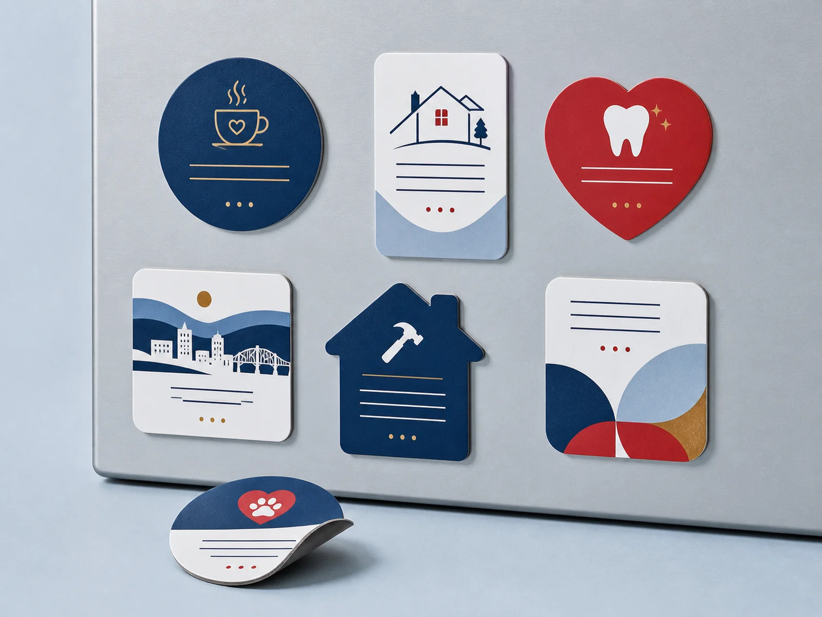 Die cut shaped promotional magnets on a metal surface