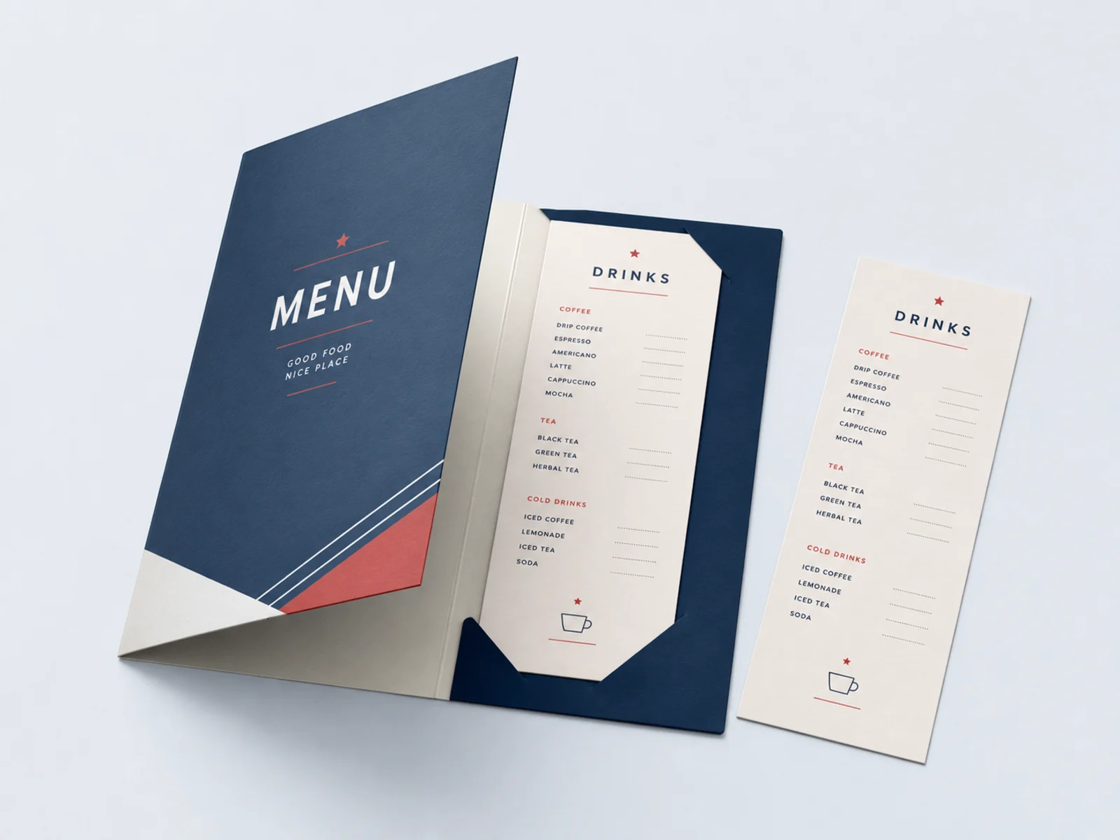 A narrow drink list card and a specials insert beside a folded menu