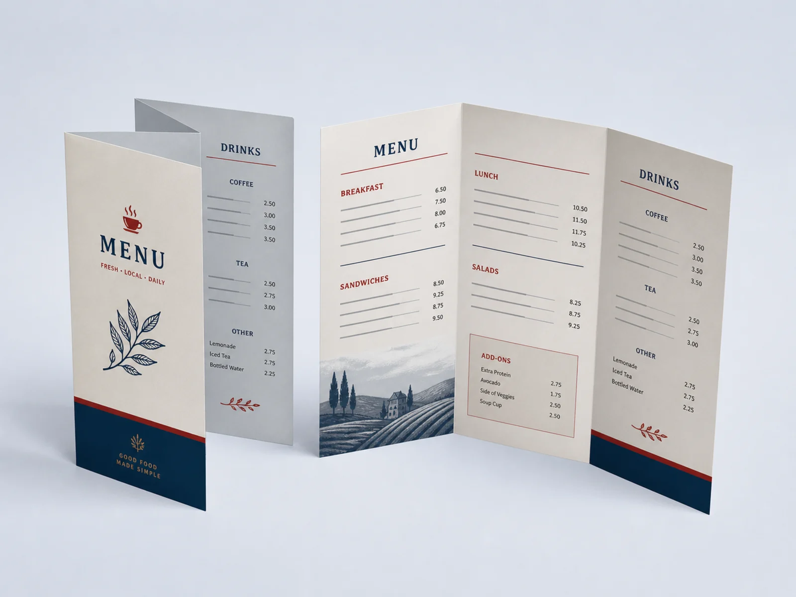 A bifold menu standing open beside a partly unfolded trifold menu