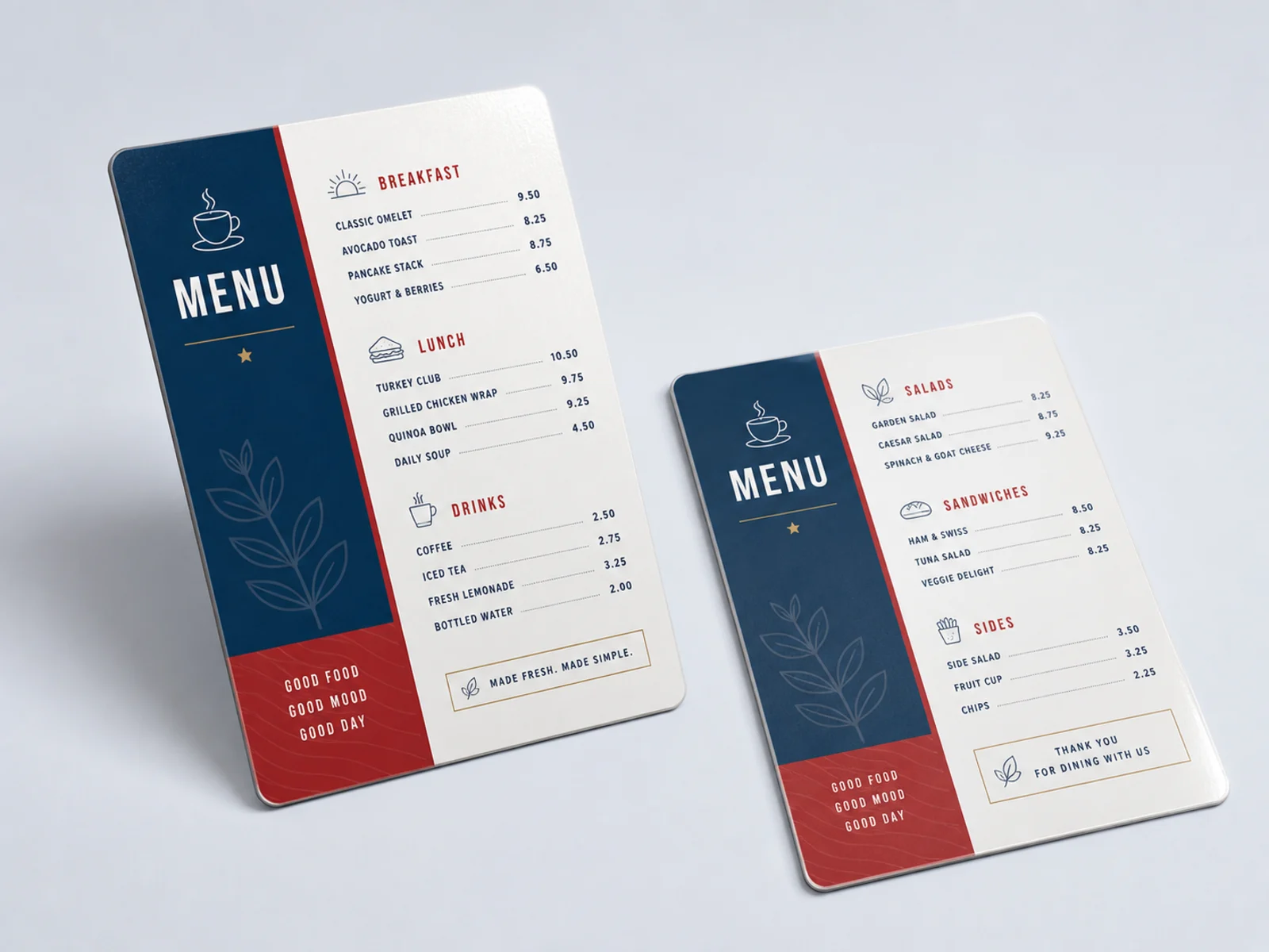Two laminated single page menus overlapping at an angle