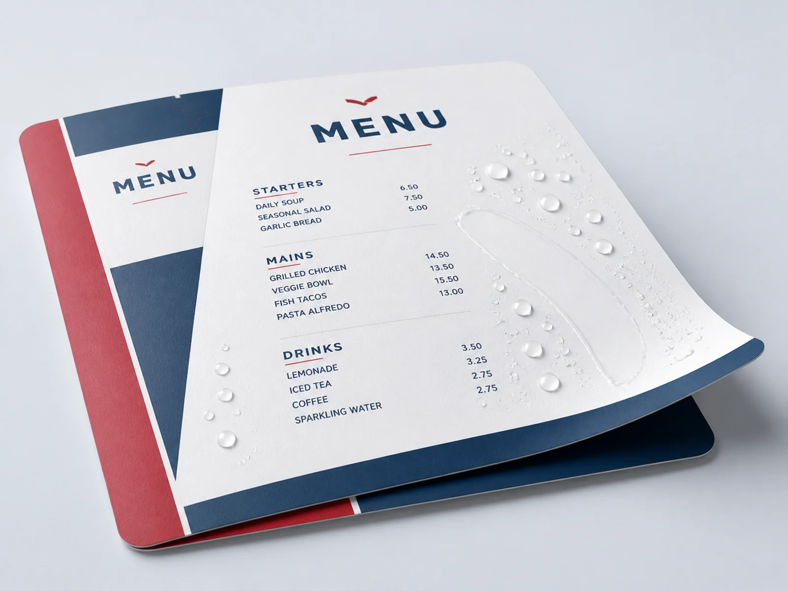 A synthetic waterproof menu with water beaded on the surface