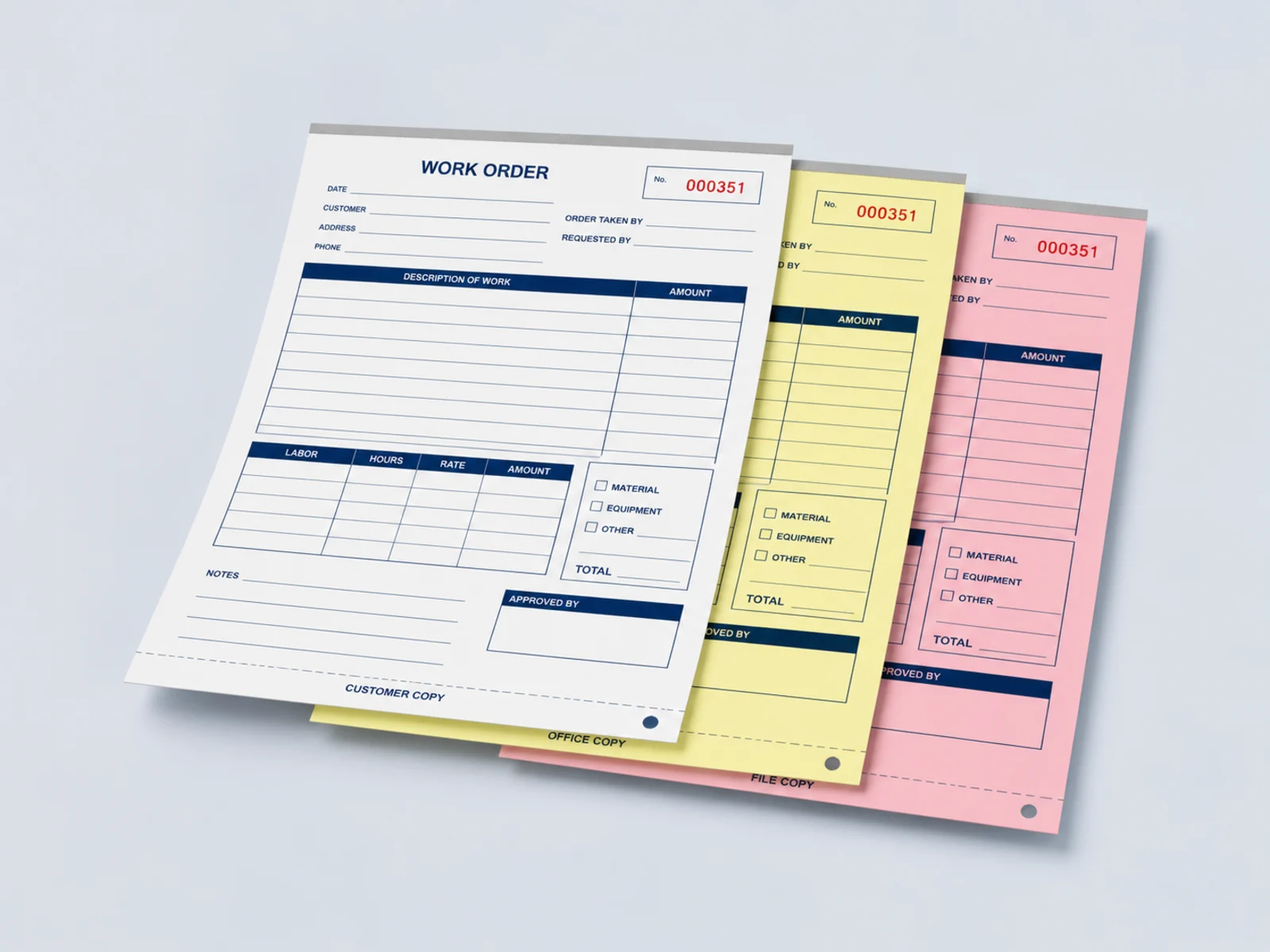 A two part and a three part carbonless set fanned to show white, yellow, and pink sheets