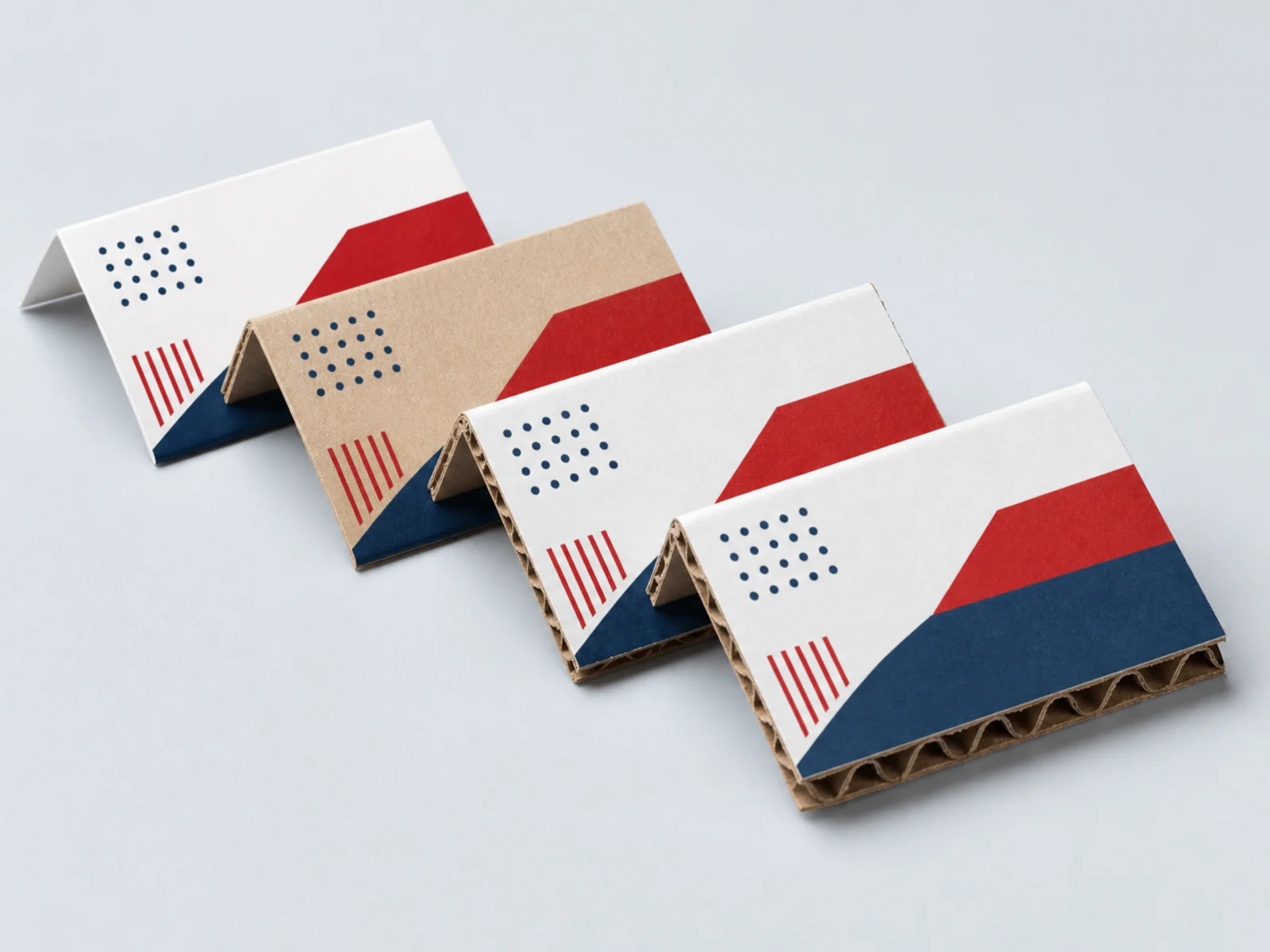 The same carton in white coated board, natural kraft, and heavy uncoated board