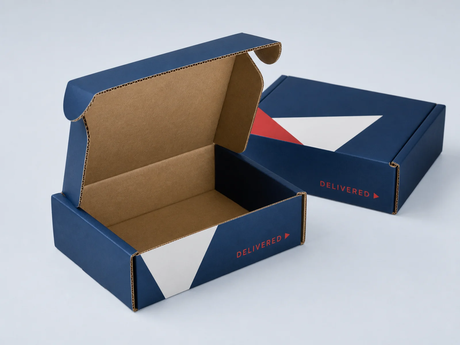 A corrugated mailer open with printing outside and inside the lid