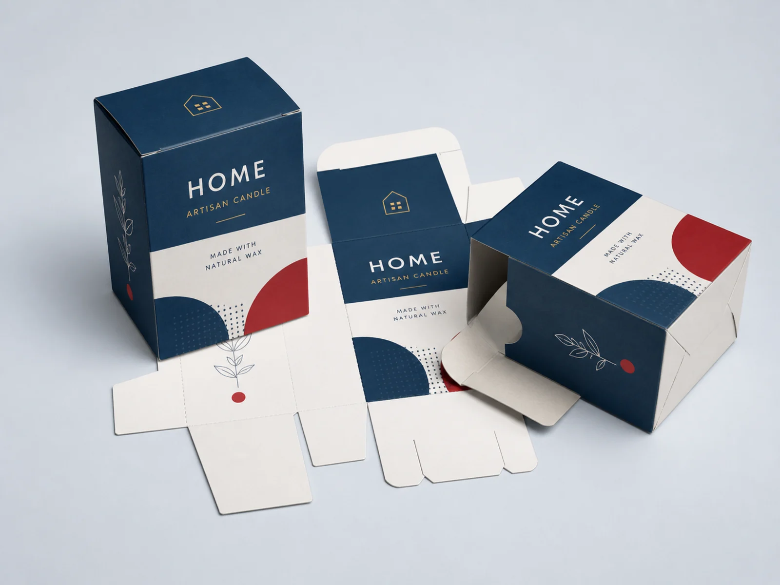 An assembled folding carton beside a flat unglued carton showing die cut and score lines