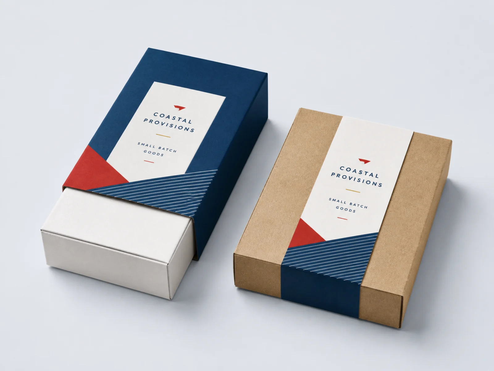 A printed sleeve sliding off a plain box beside a paper belly band