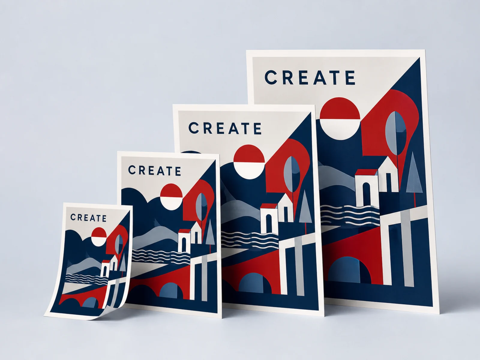 Four posters of increasing size leaning in a stepped row