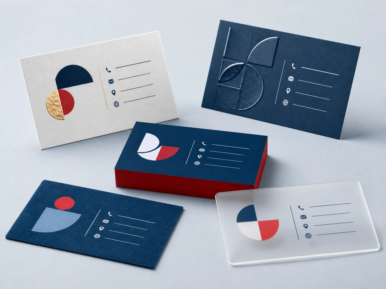 Five premium business card finishes: foil, raised spot UV, painted edge, suede, and plastic