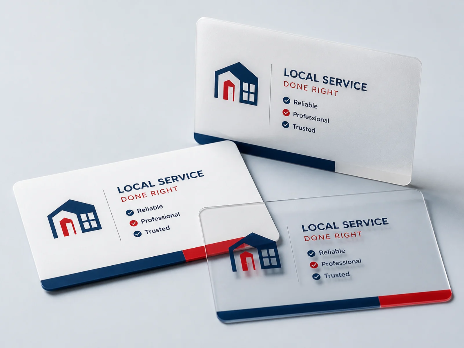 Frosted, clear, and white plastic business cards fanned out