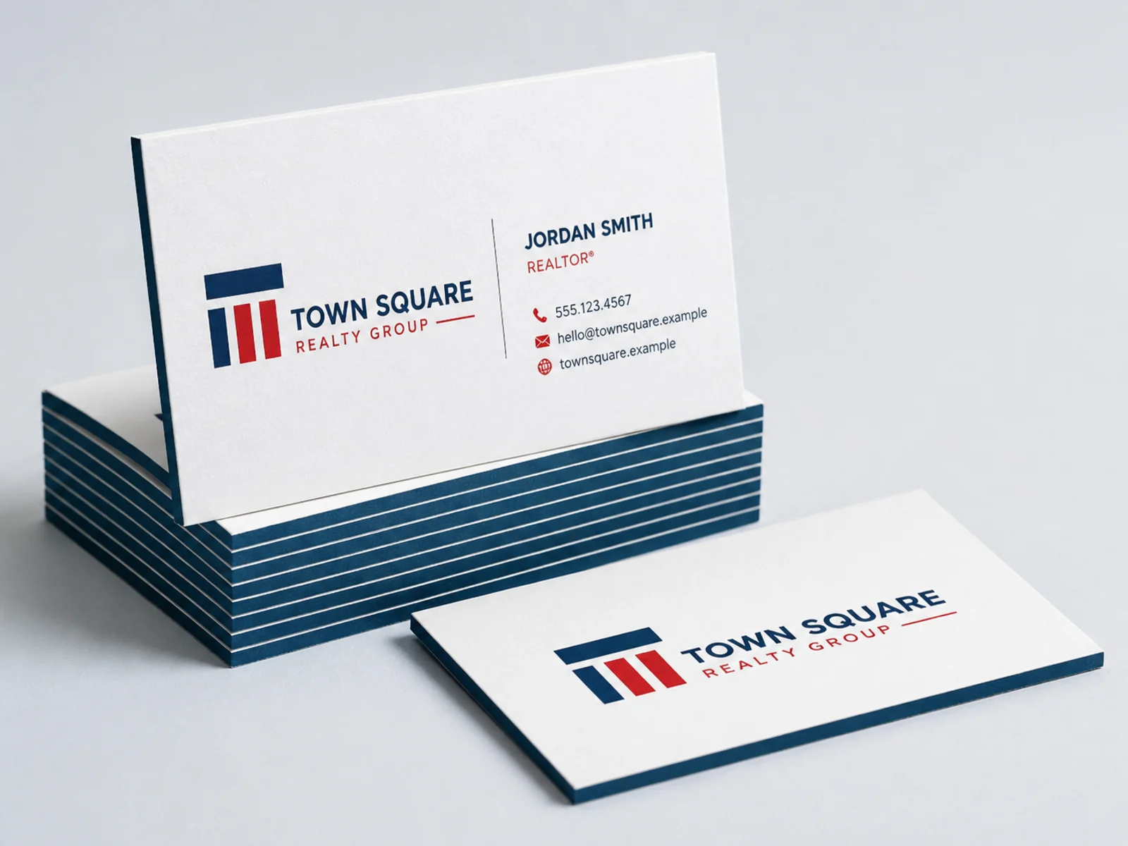 Thick duplex cards showing a colored core layer at the cut edge